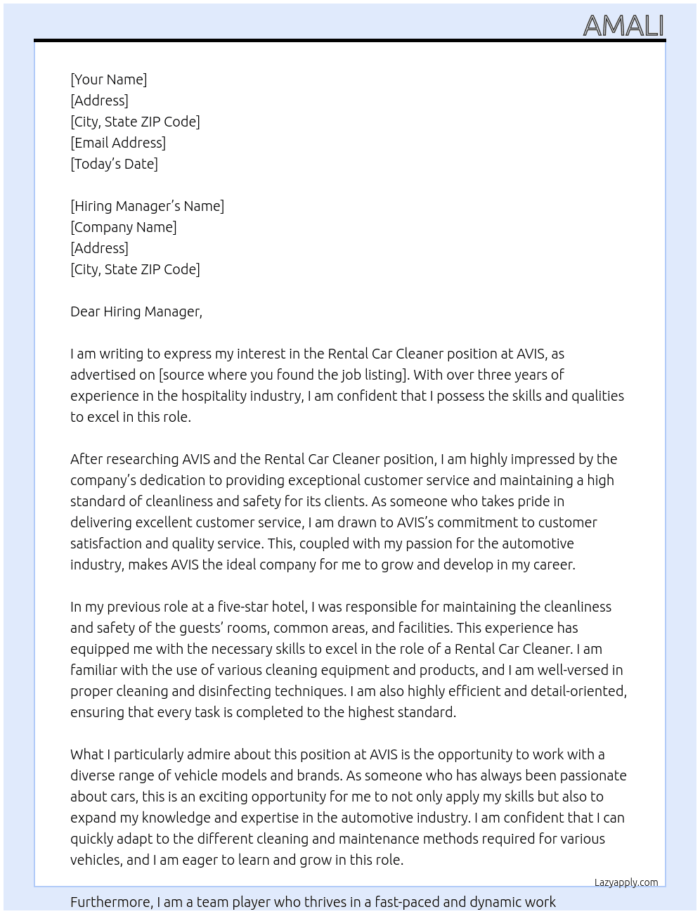 Rental Car Cleaner At AVIS Cover Letter