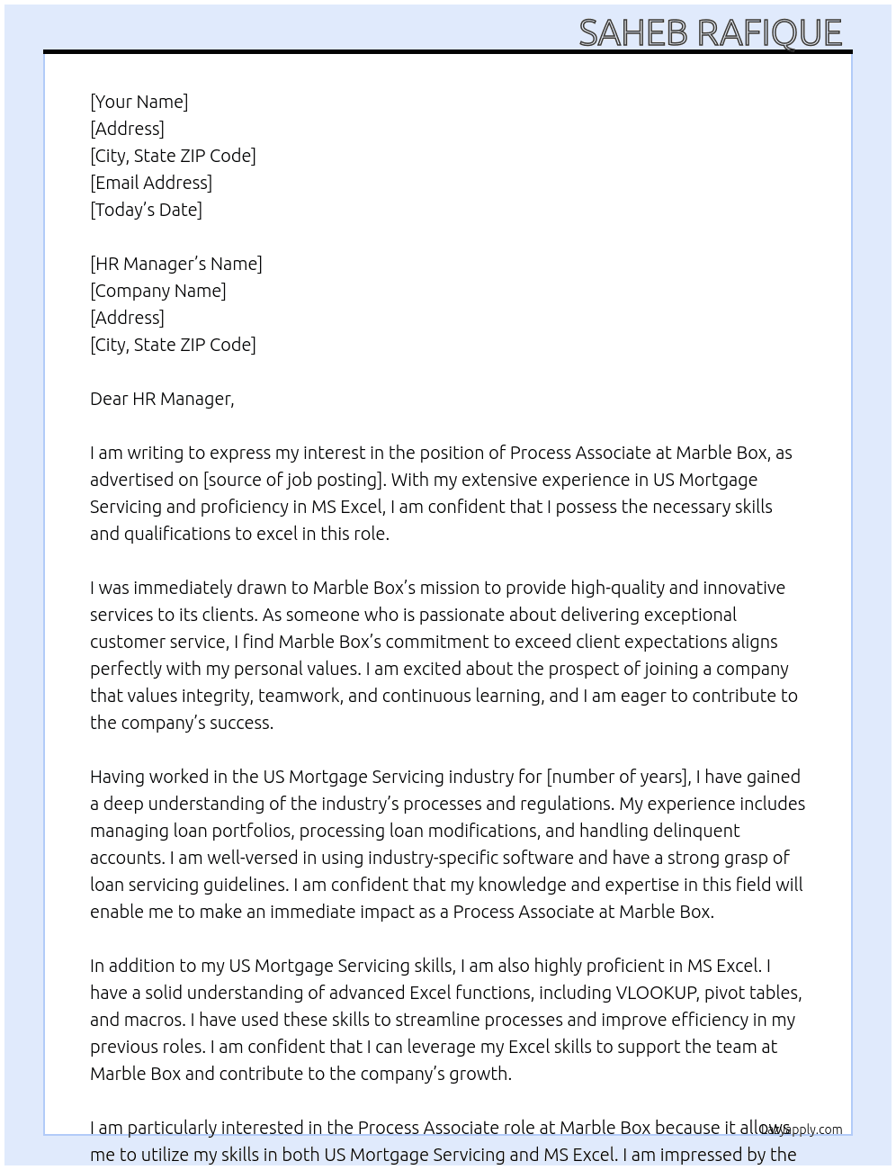 Process Associate  At Marble Box Cover Letter