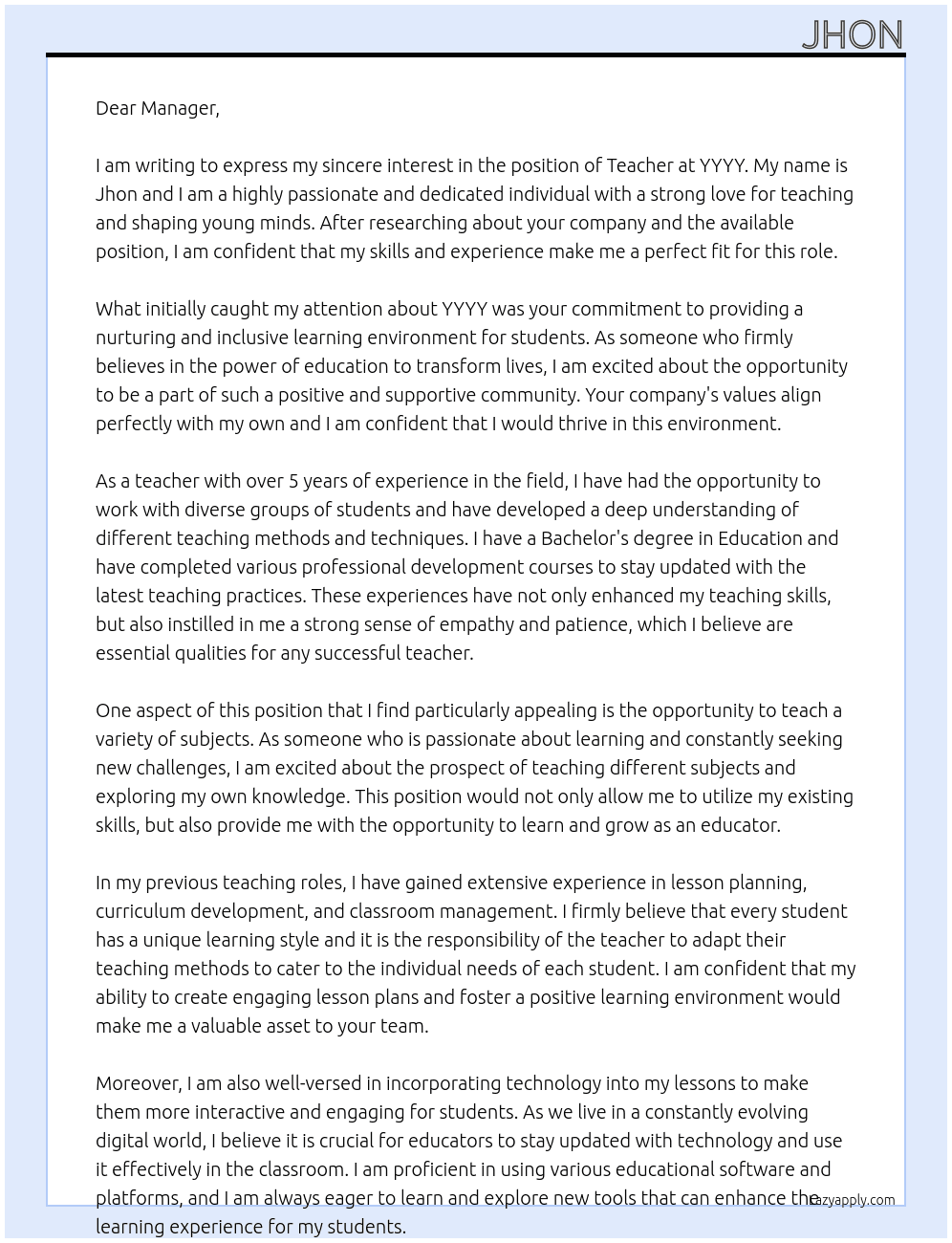 teacher At yyyy Cover Letter