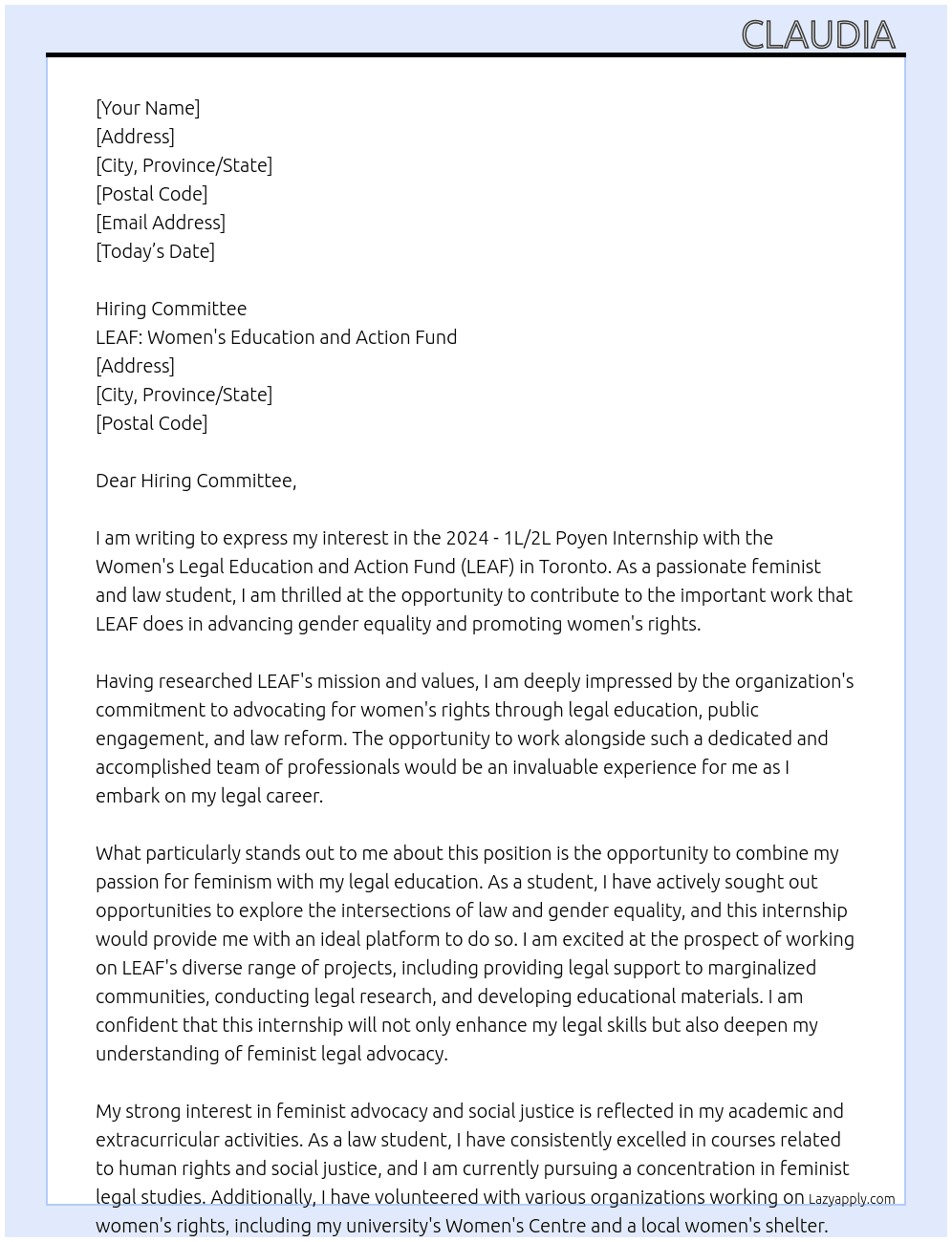 2024 - 1L/2L Poyen Internship - Women's Legal Education and Action Fund (Toronto or remote) At LEAF: Women's Education and Action Fund Cover Letter