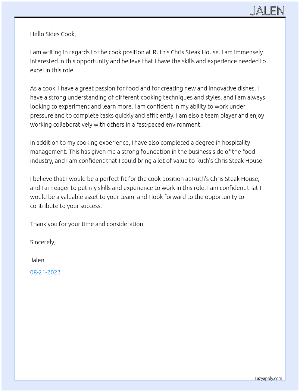 Cook At ruth's chris steak house Cover Letter