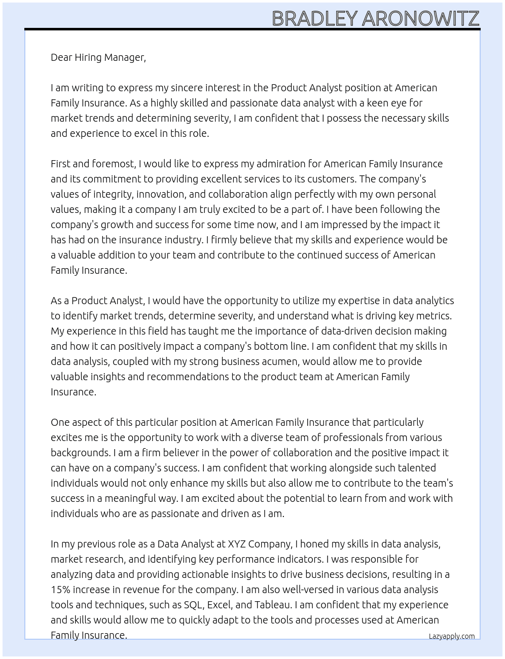 Product Analysts At American Family Insurance Cover Letter