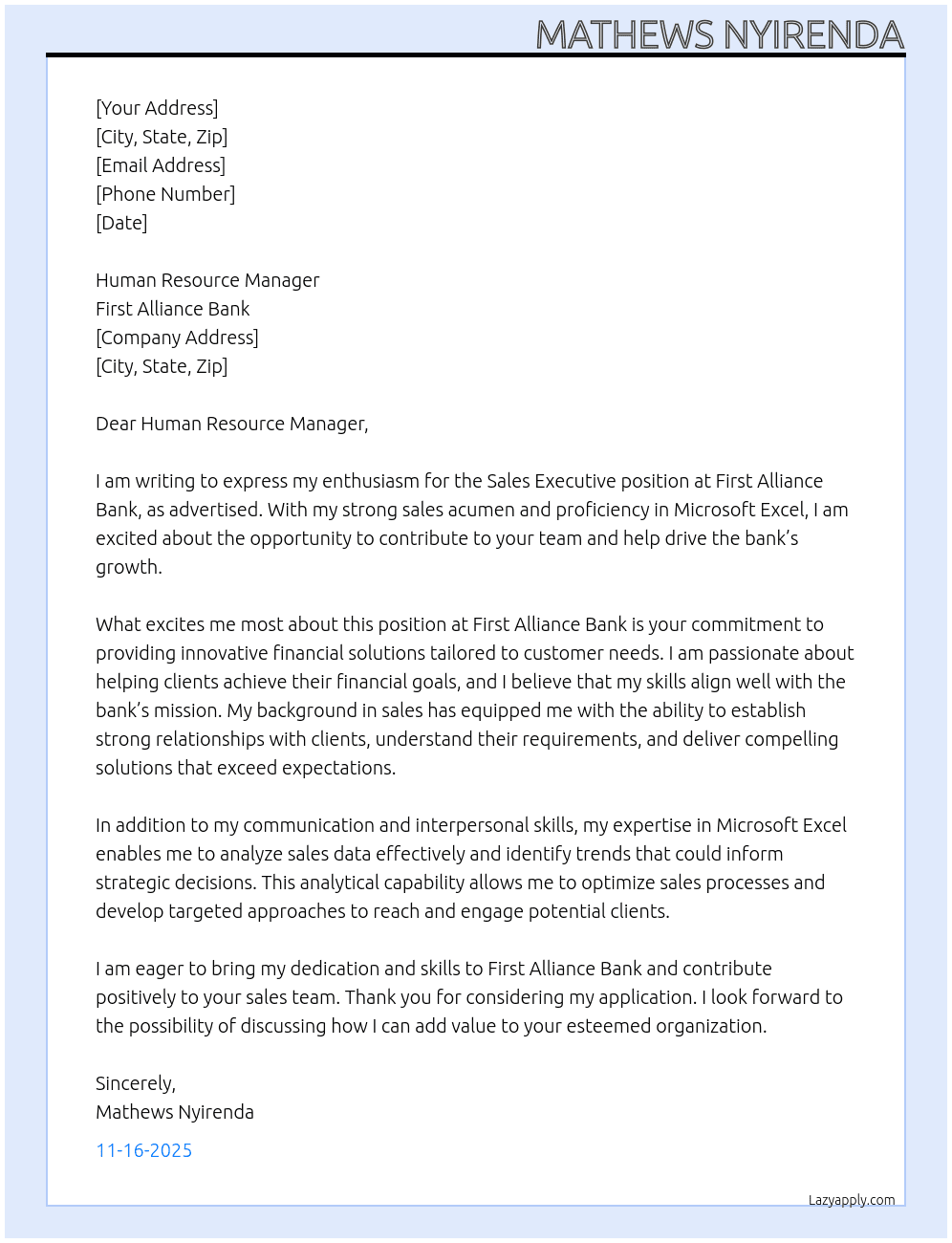 SALES Executive At First alliance Bank Cover Letter