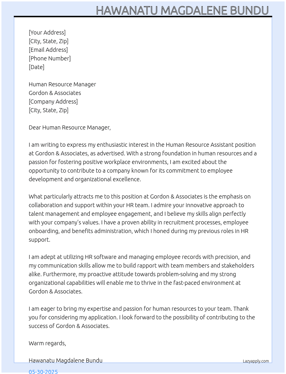 Human Resource Assistant  At Gordon & Associates  Cover Letter