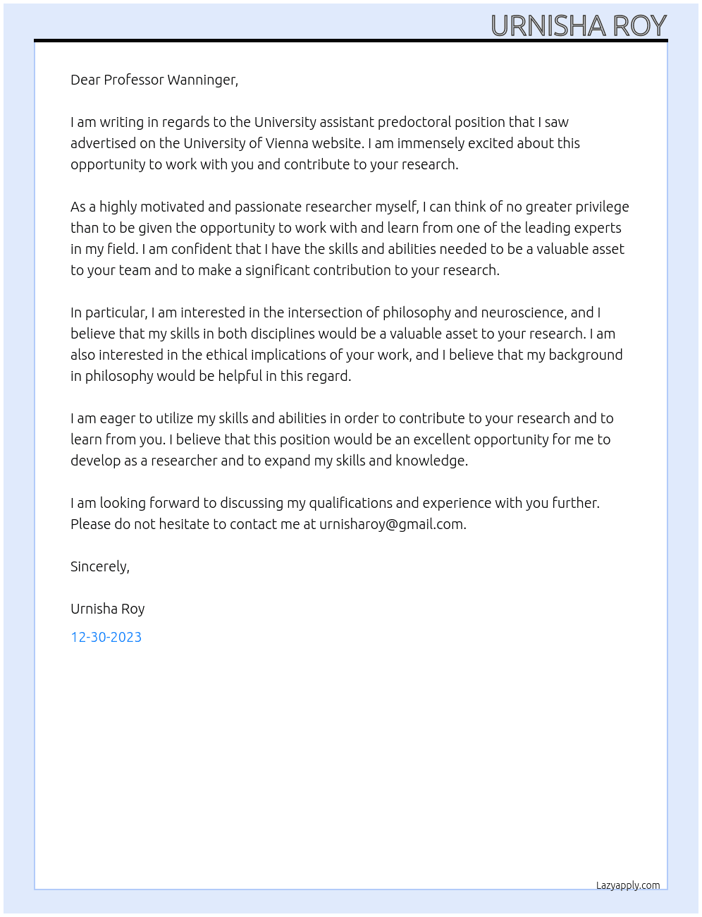 University assistant predoctoral At University of Vienna Cover Letter