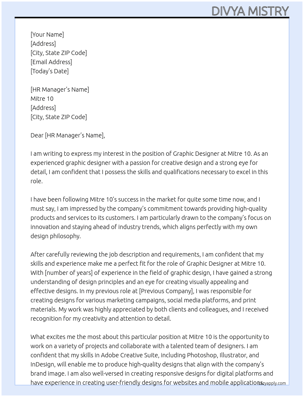 Graphic Designer At Mitre 10 Cover Letter