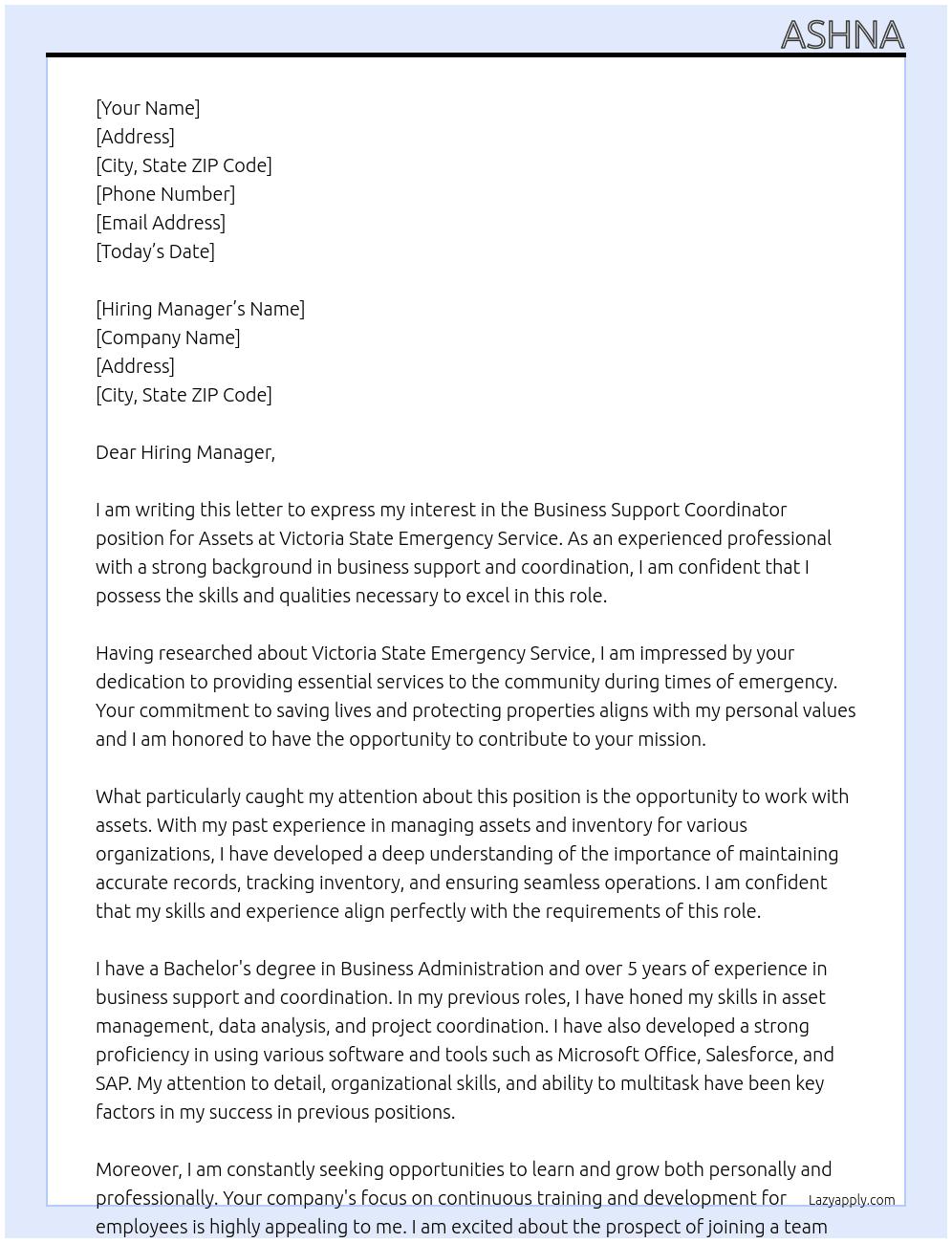 Business Support Coordinator - Assets At Victoria State Emergency Service Cover Letter