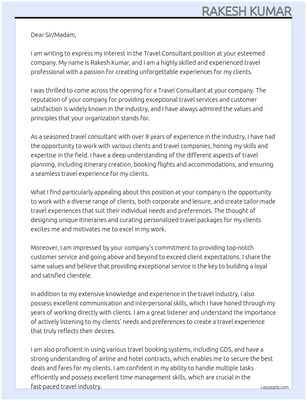 Travel consultant At Sir/Madam Cover Letter