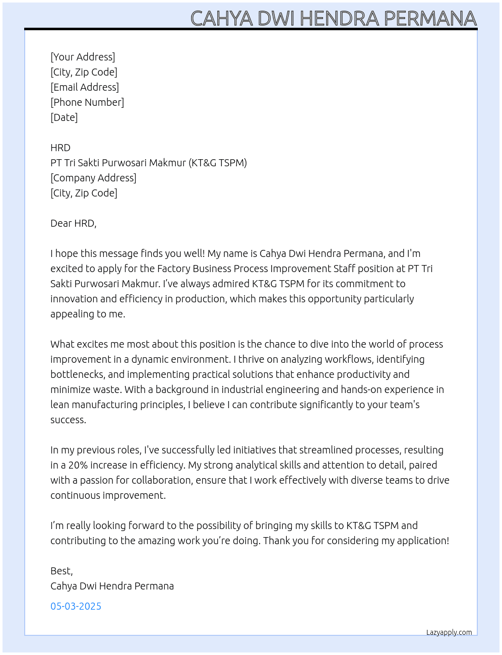 Cover letter for factory business process improvement staff - LazyApply