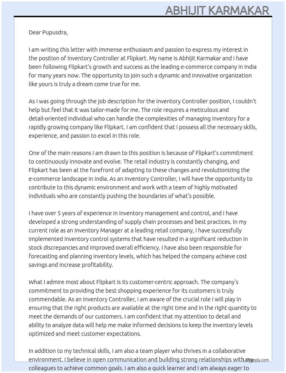 Inventory controller  At Flipkart  Cover Letter