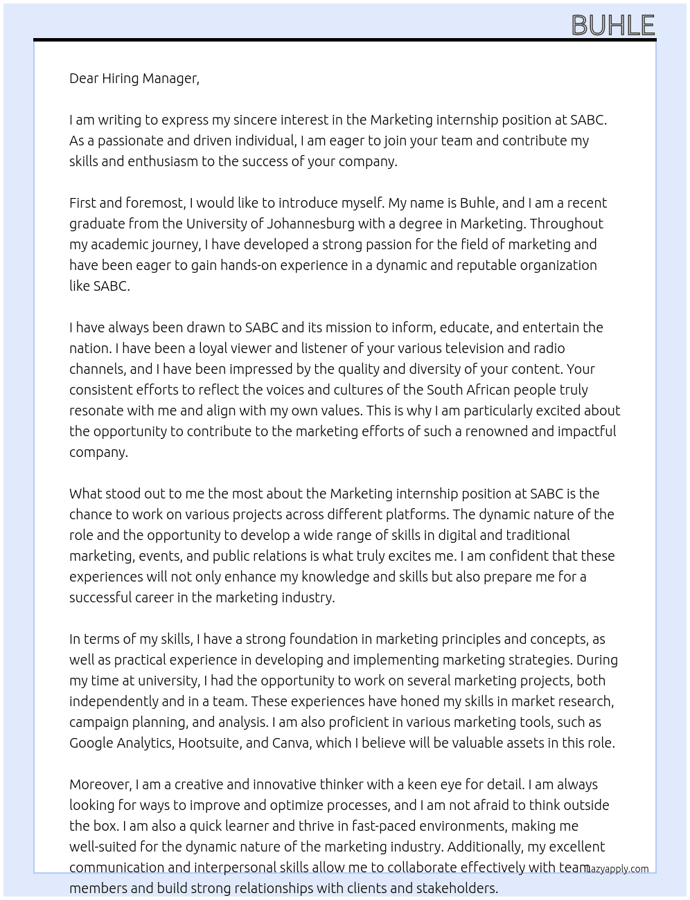Marketing internship  At SABC  Cover Letter