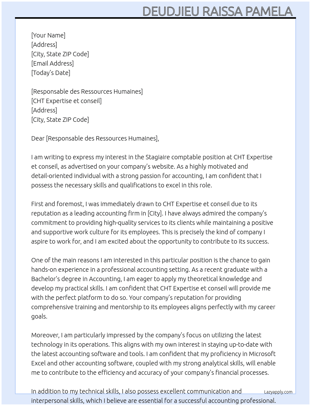 Stagiaire comptable  At CHT Expertise et conseil  Cover Letter