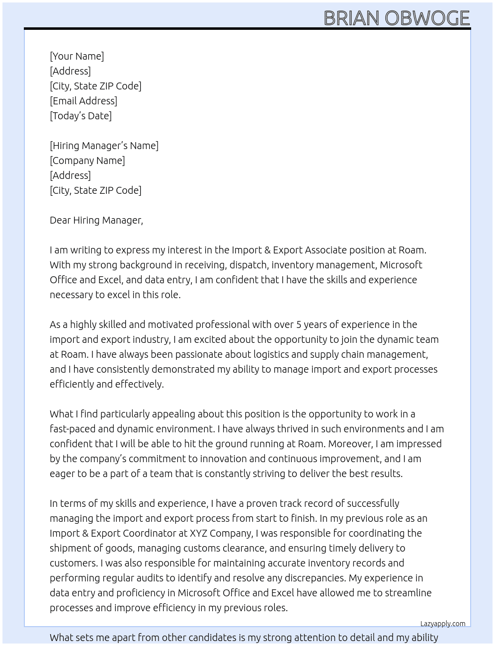 Import & Export Associate At Roam  Cover Letter