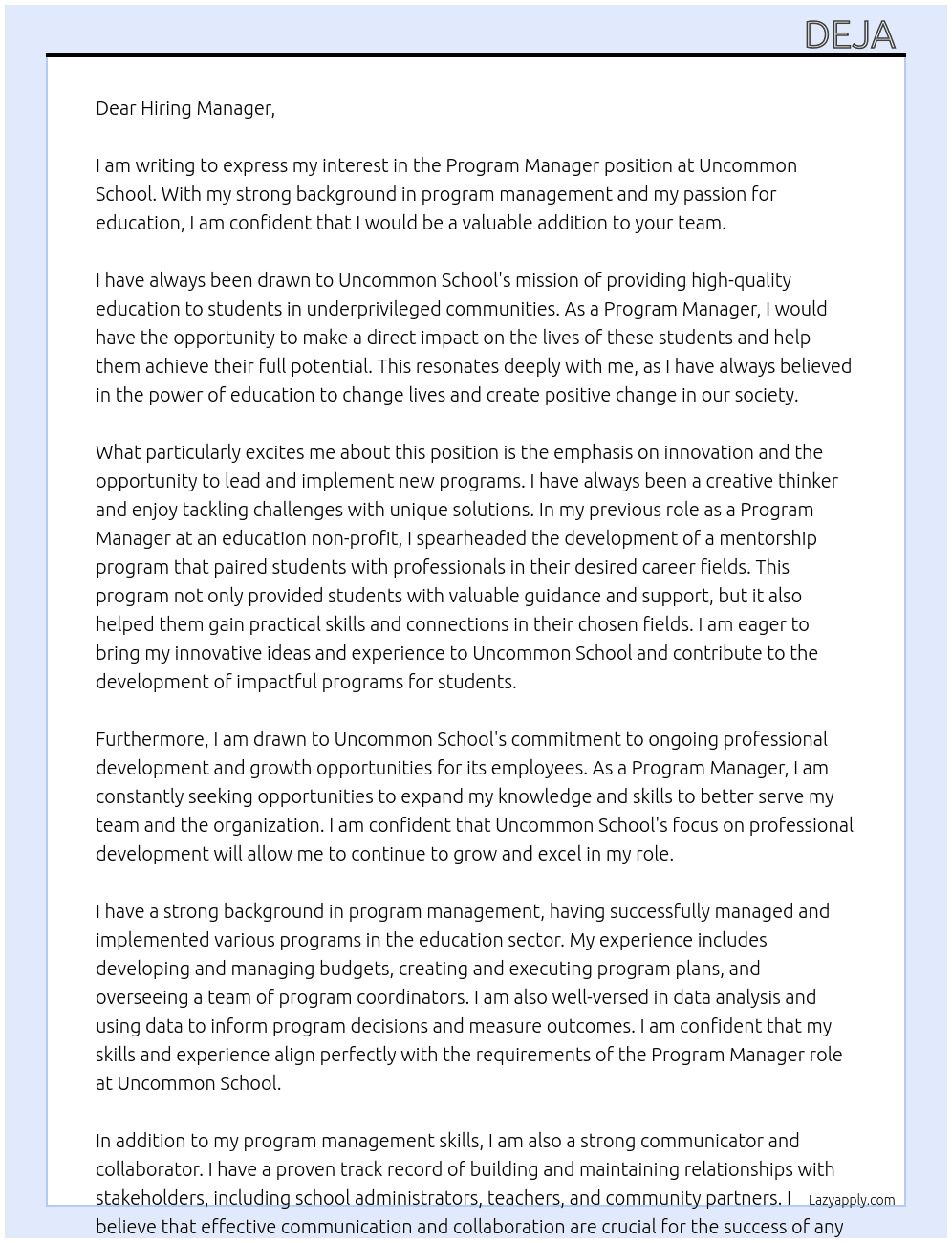 Promgram Manager  At Uncommon School  Cover Letter