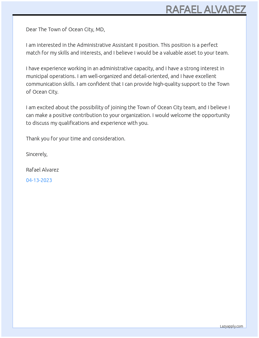 Administrative Assistant II At The Town of Ocean City, MD Cover Letter