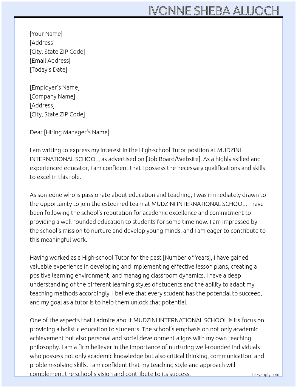 Cover letter for high-school tutor - LazyApply