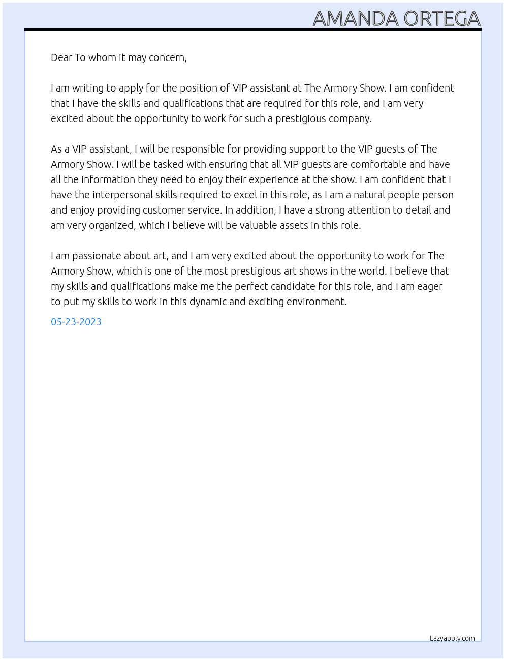 VIP assistant At The Armory Show Cover Letter