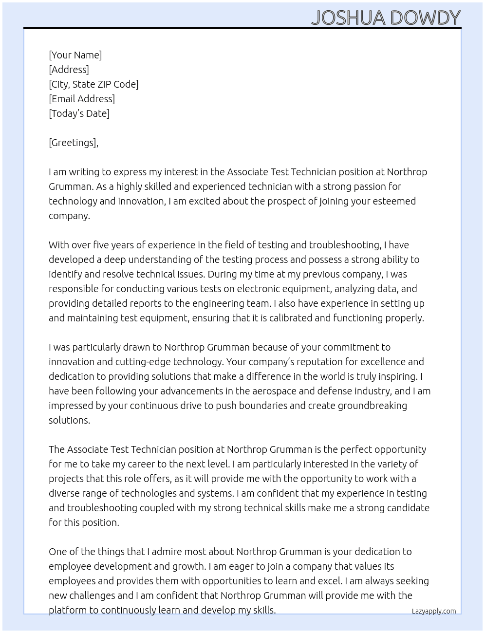Associate Test Technician  At Northrop Grumman Cover Letter