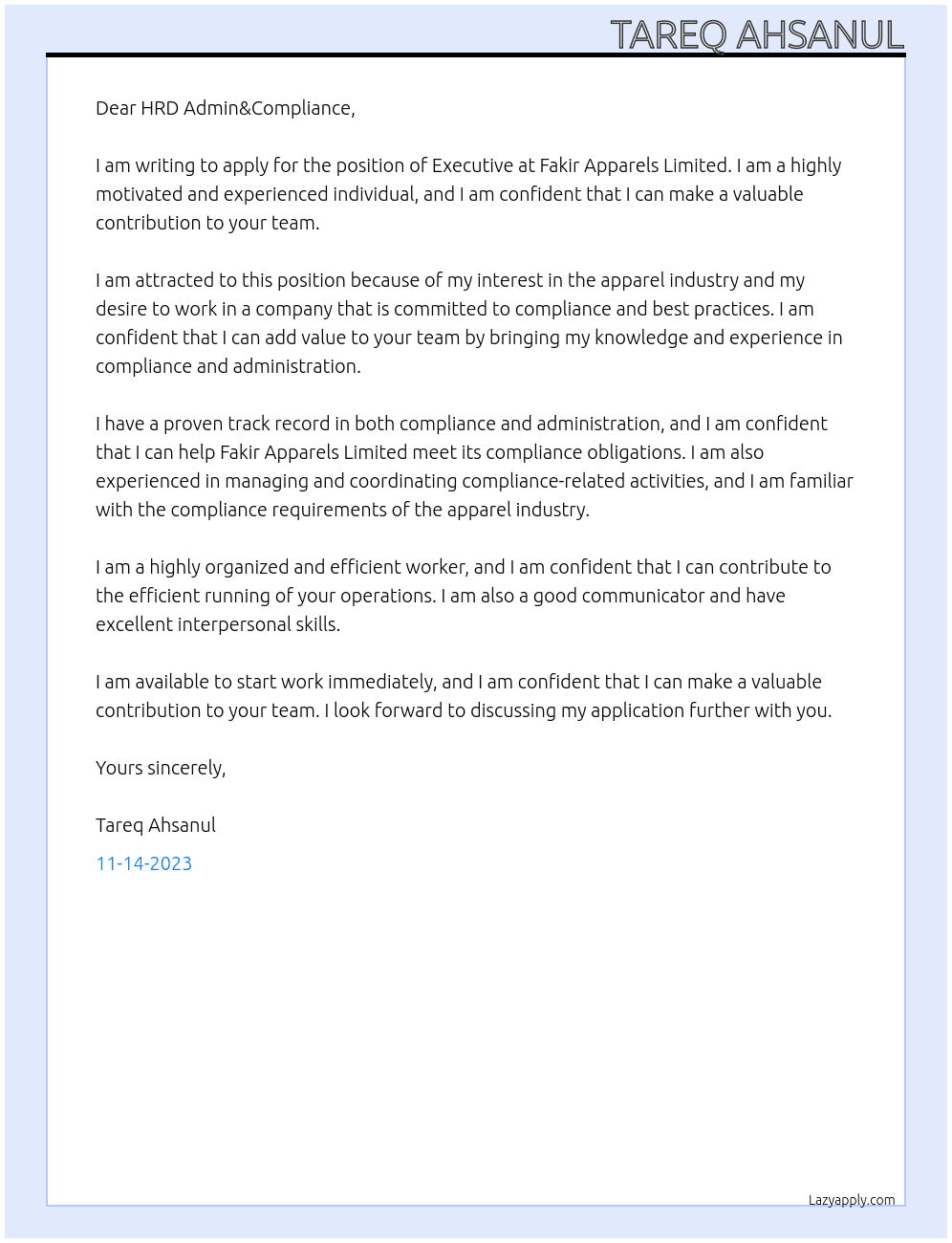 Executive  At Fakir Apparels Limited  Cover Letter