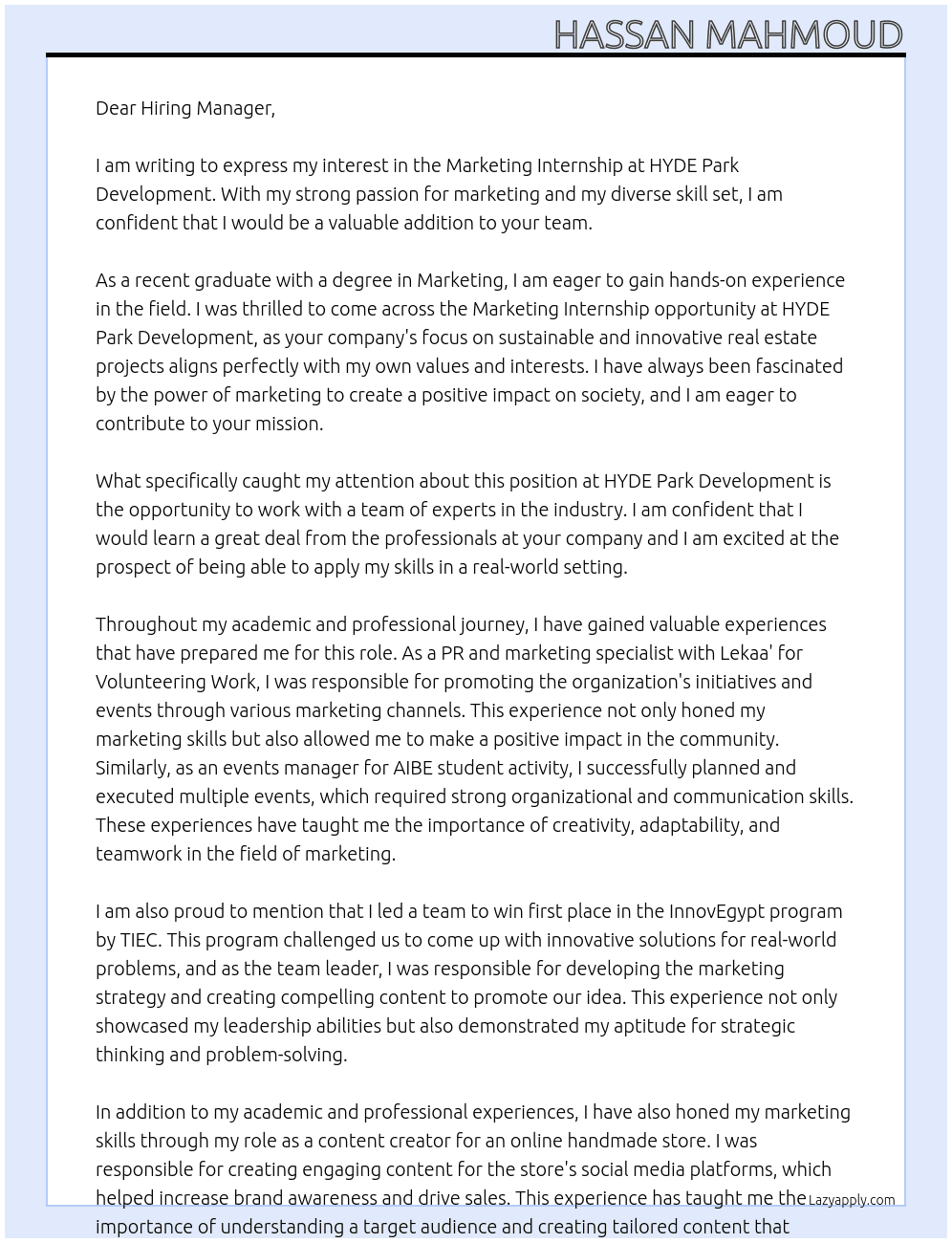 Marketing Internship At HYDE Park Development Cover Letter