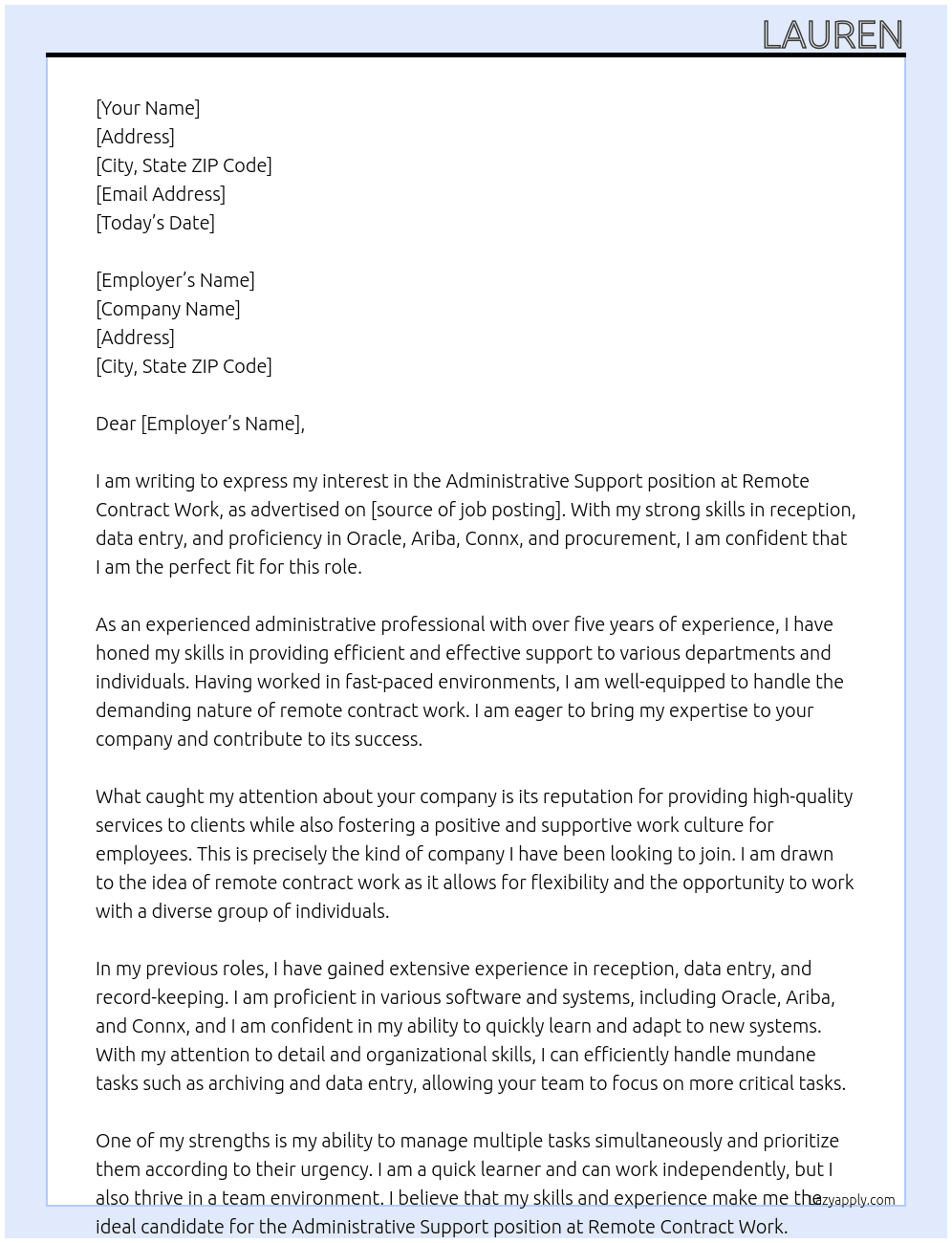 Administrative support At Remote contract work Cover Letter