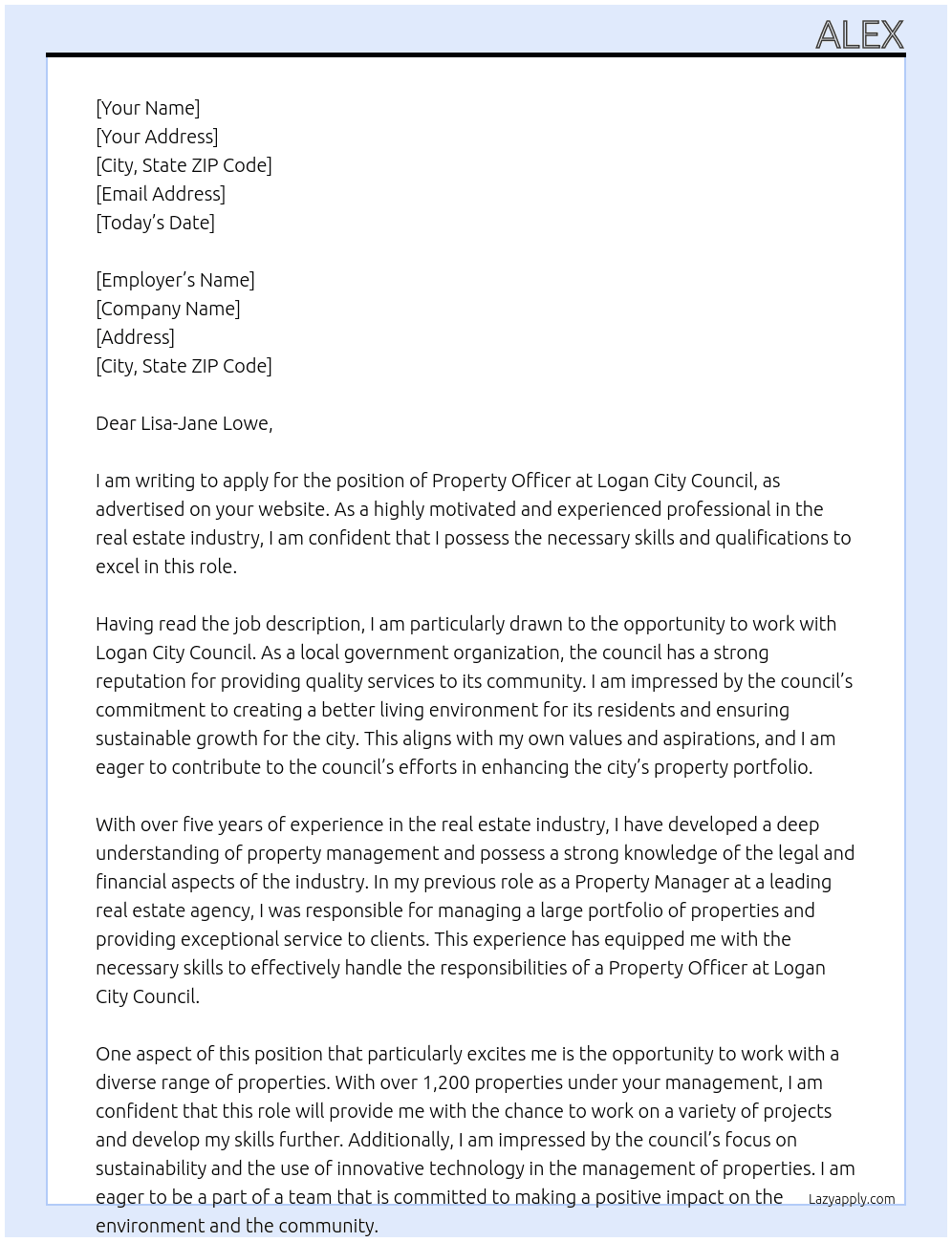 Property Officer At Logan City Council Cover Letter
