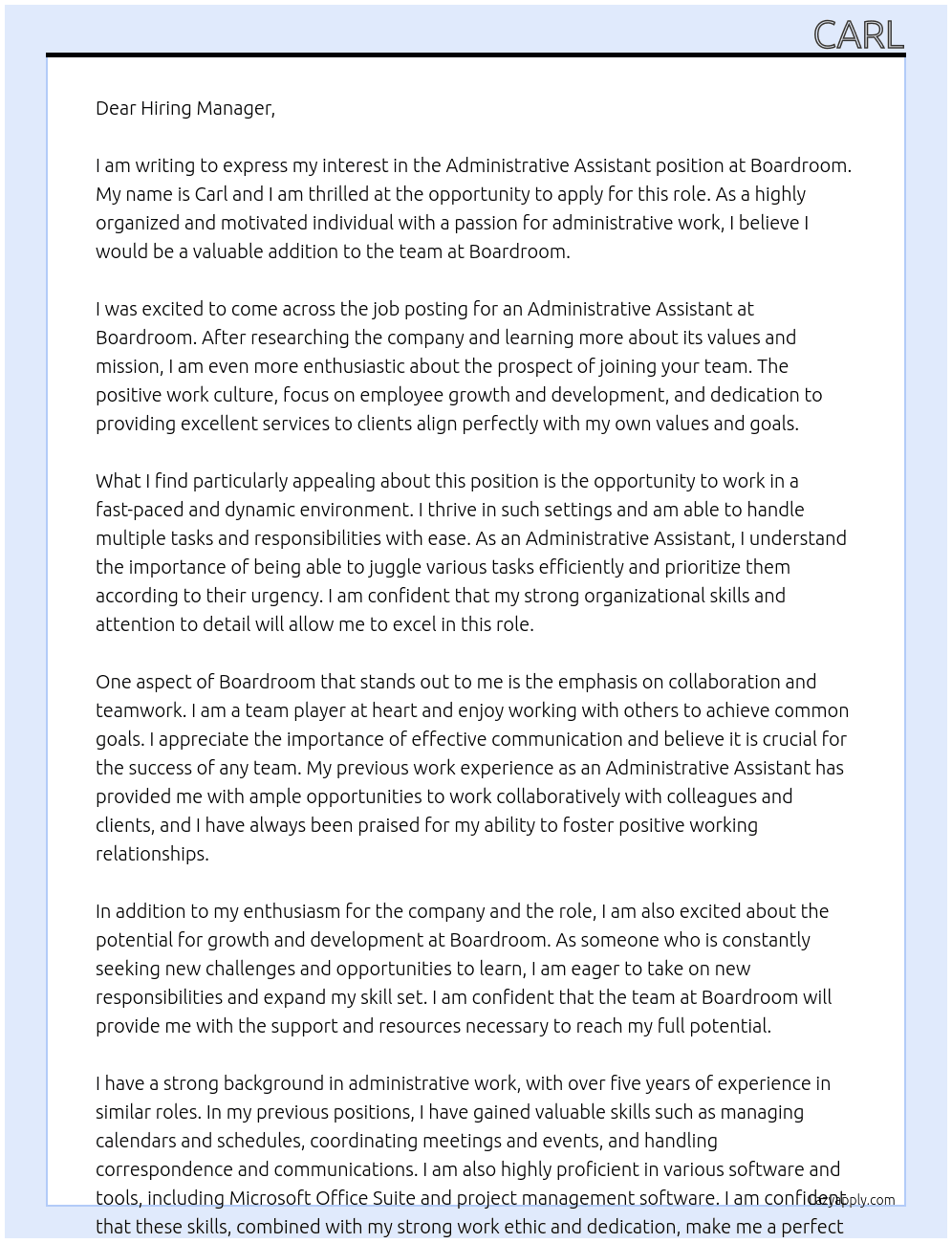 Administrative Assistant  At Boardroom Cover Letter