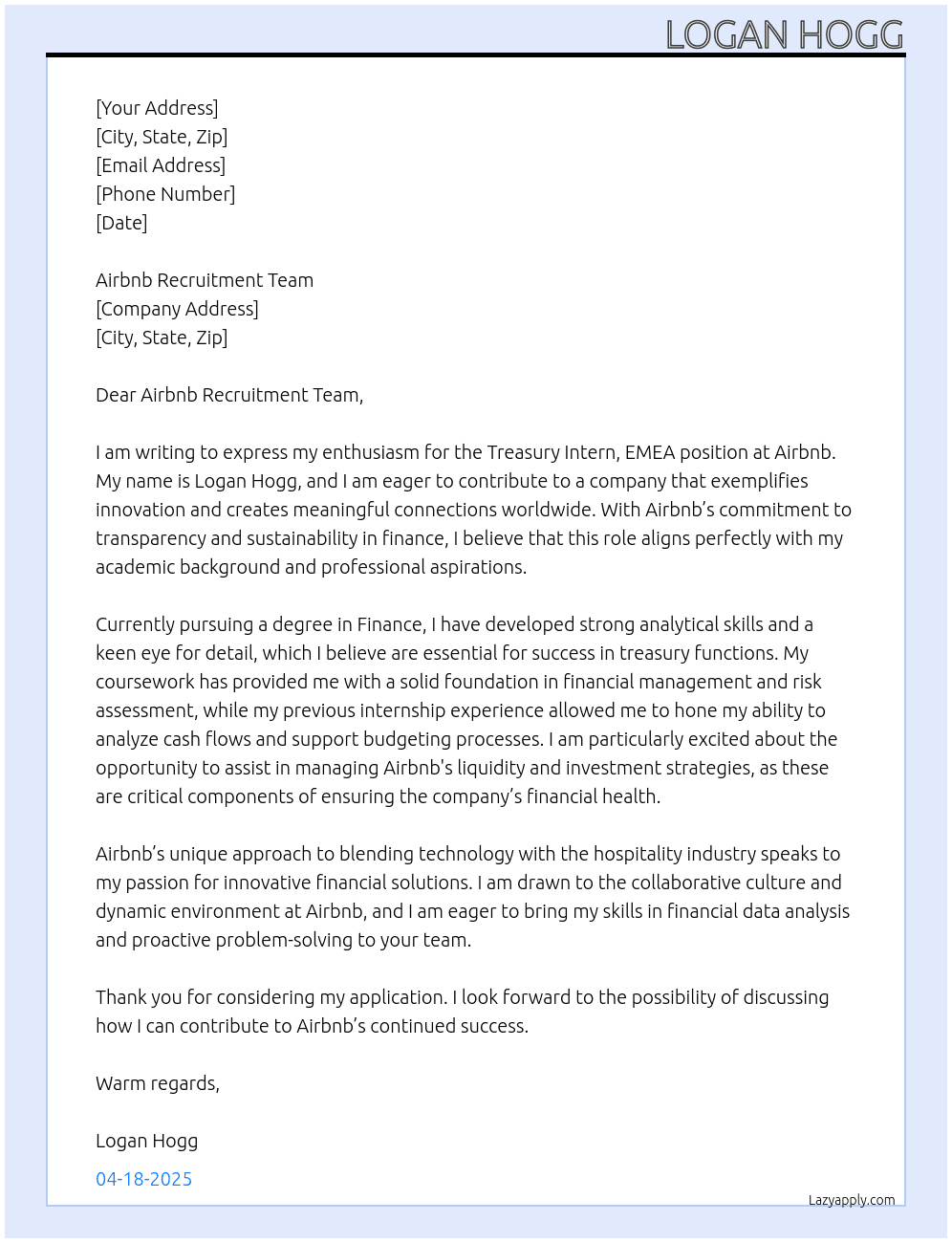 Cover letter for treasury intern, emea - LazyApply