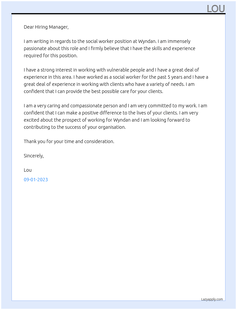 social worker At Wyndan Cover Letter
