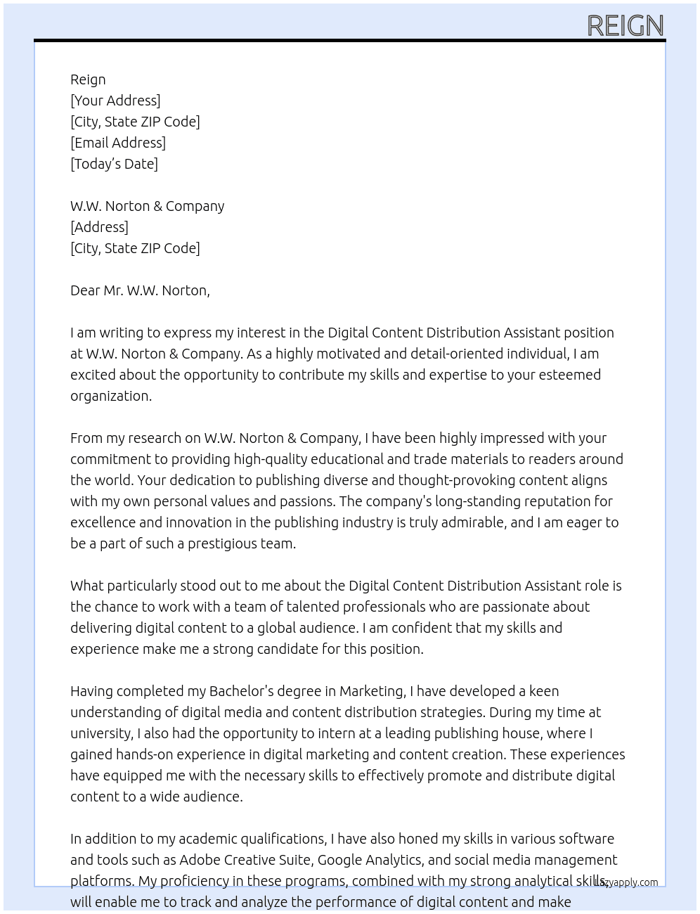 Digital Content Distribution Assistant At W.W. Norton & Company Cover Letter