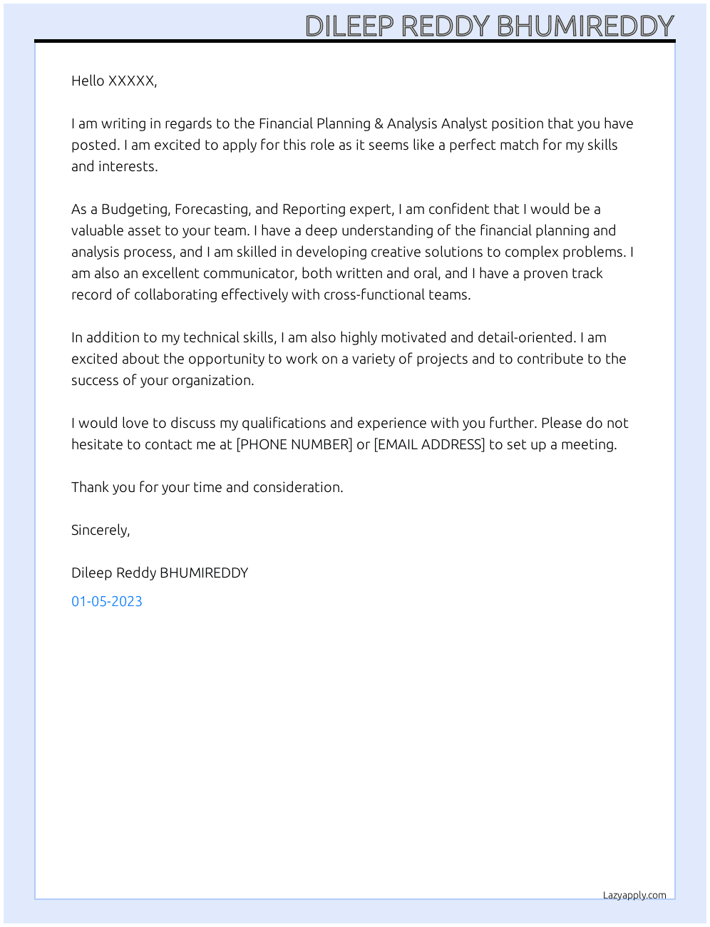 Financial Planning & Analysis Analyst At XXXXX Cover Letter