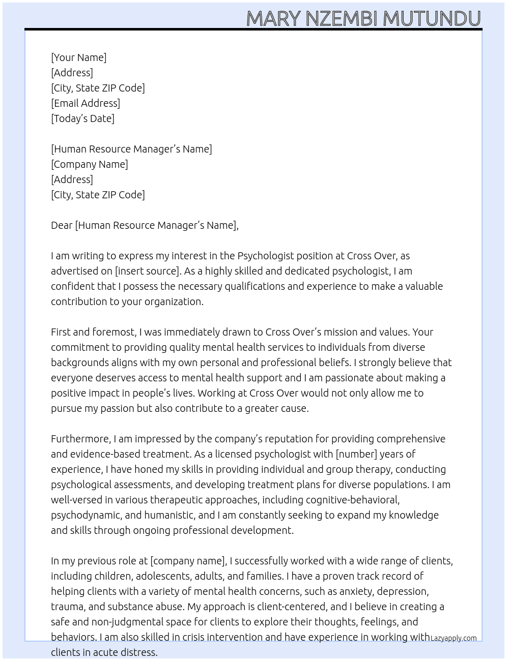 Psychologist At cross over Cover Letter