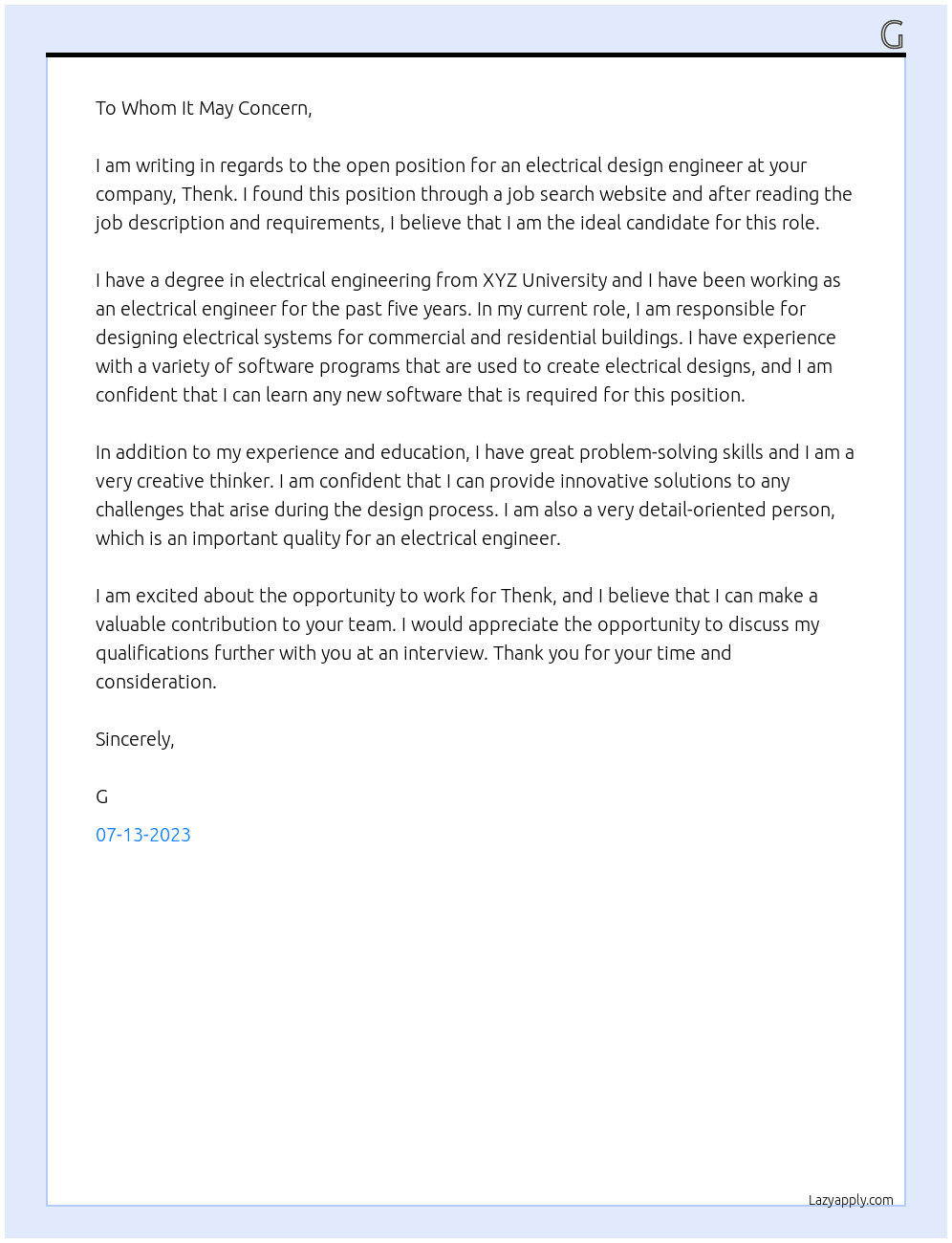 Electrical Design Engineer  At Thenk Cover Letter