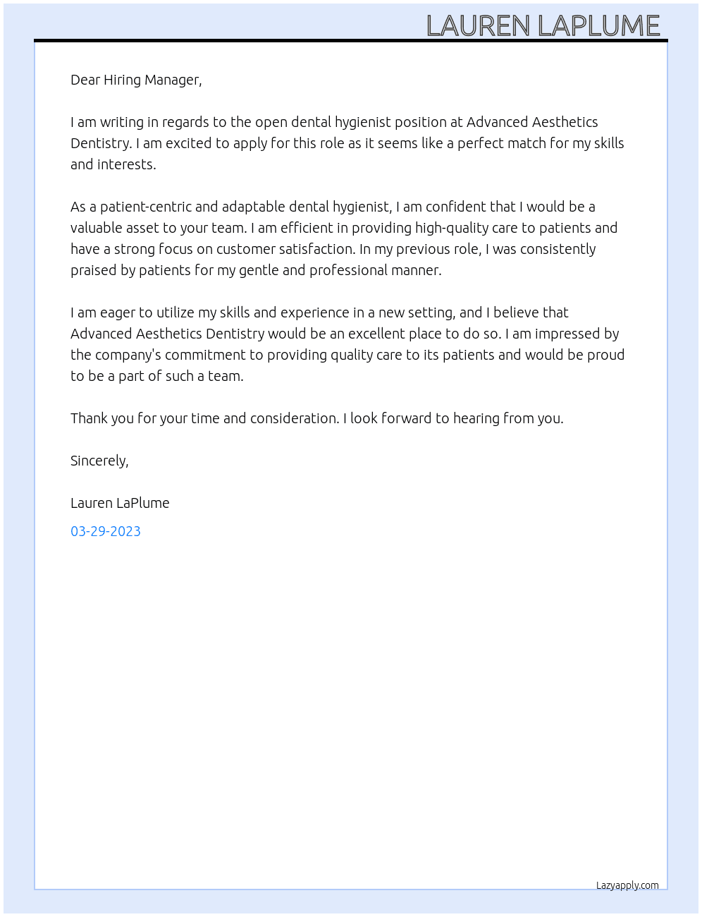 Dental Hygienist  At Advanced Aesthetics Dentistry Cover Letter