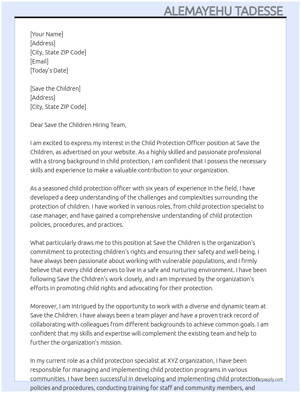 Child protection officer  At Save the children  Cover Letter