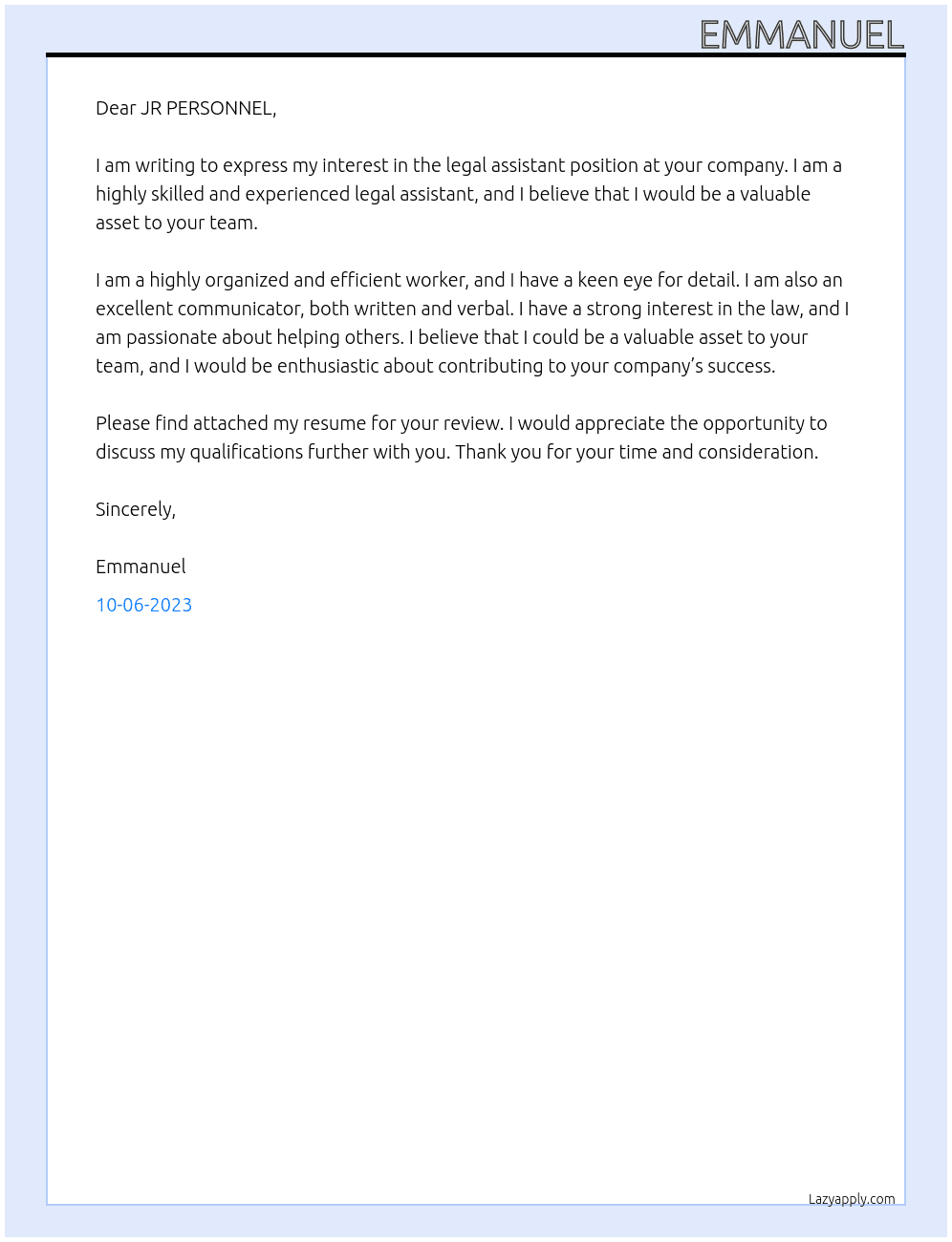 legal assistant At JR PERSONNEL Cover Letter