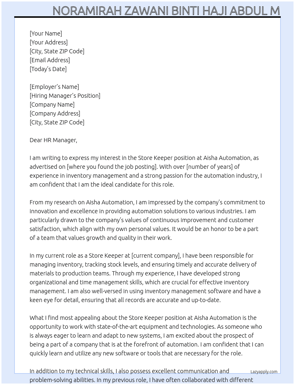 Store keeper At Aisha Automation Cover Letter