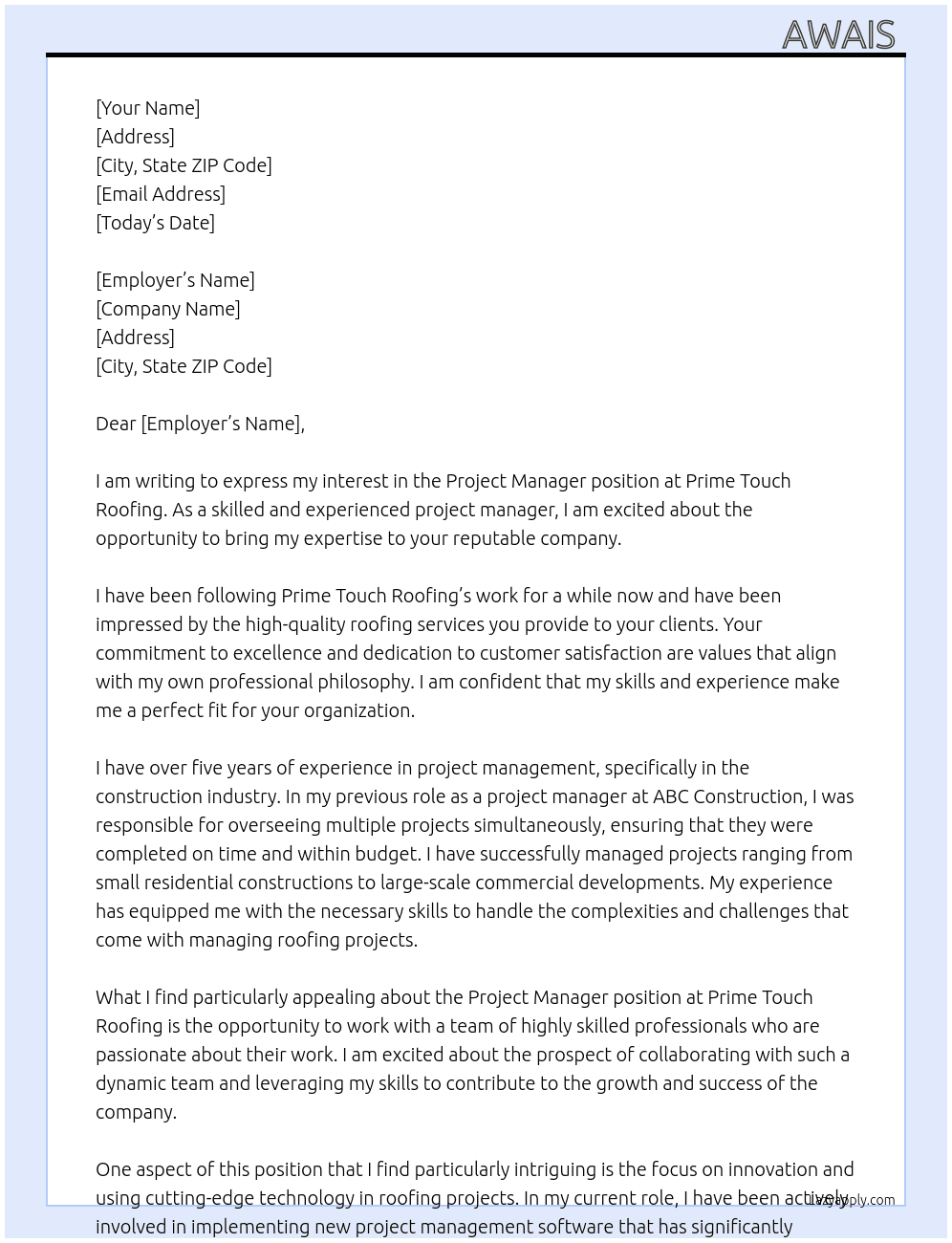 project manager At Prime Touch Roofing  Cover Letter