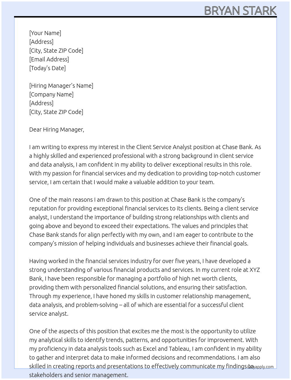 Client Service Analyst At Chase Bank Cover Letter