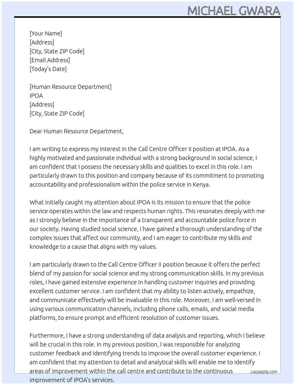 Call Centre Officer II At IPOA Cover Letter