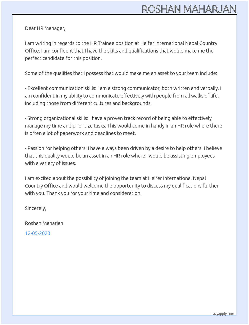 HR Trainee At Heifer International Nepal Country Office Cover Letter