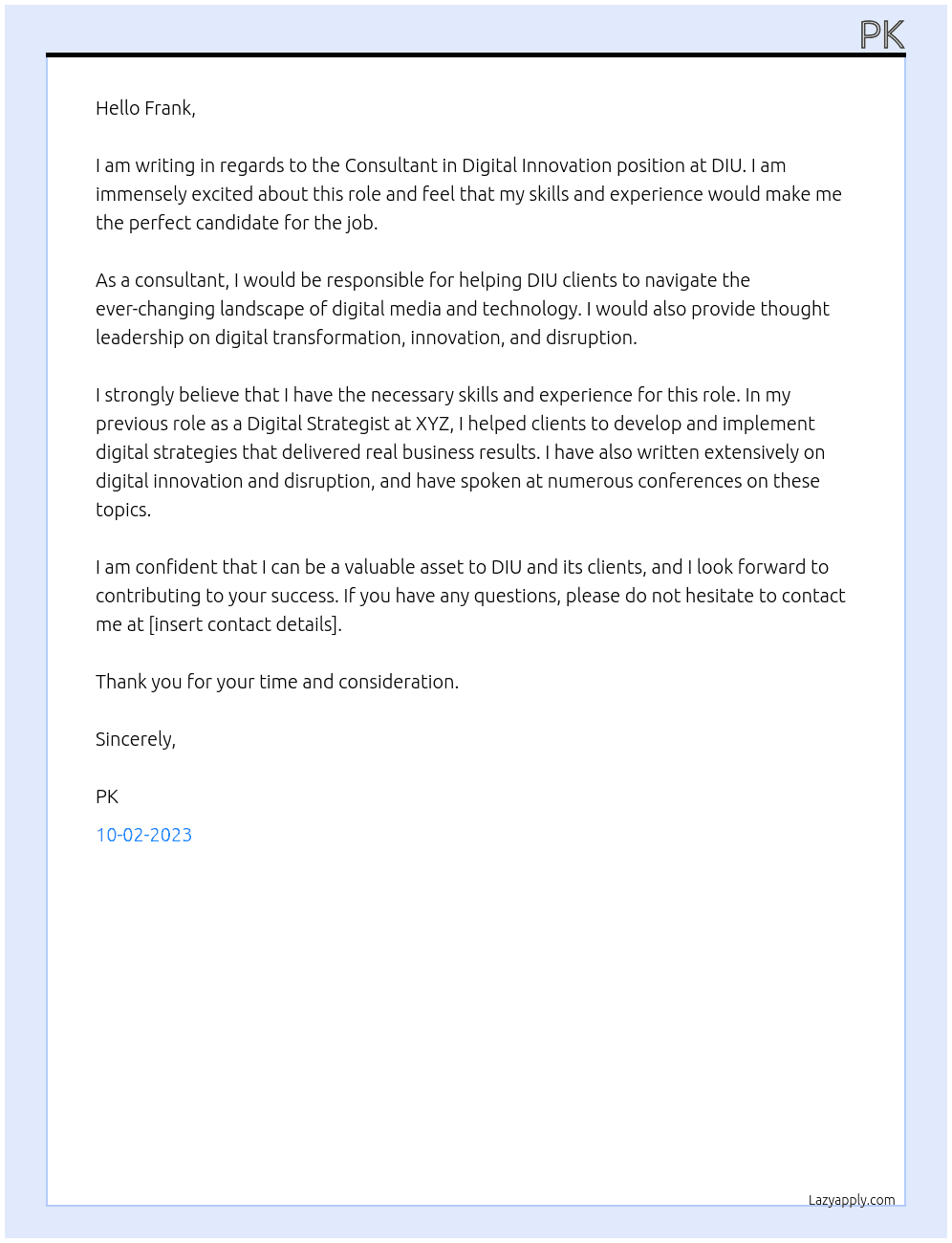Consultant in Digital Innovation At DIU Cover Letter