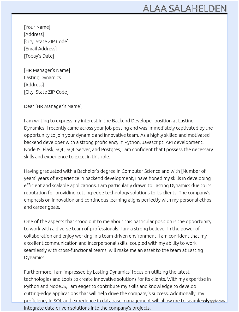 Backend developer At Lasting dynamics Cover Letter