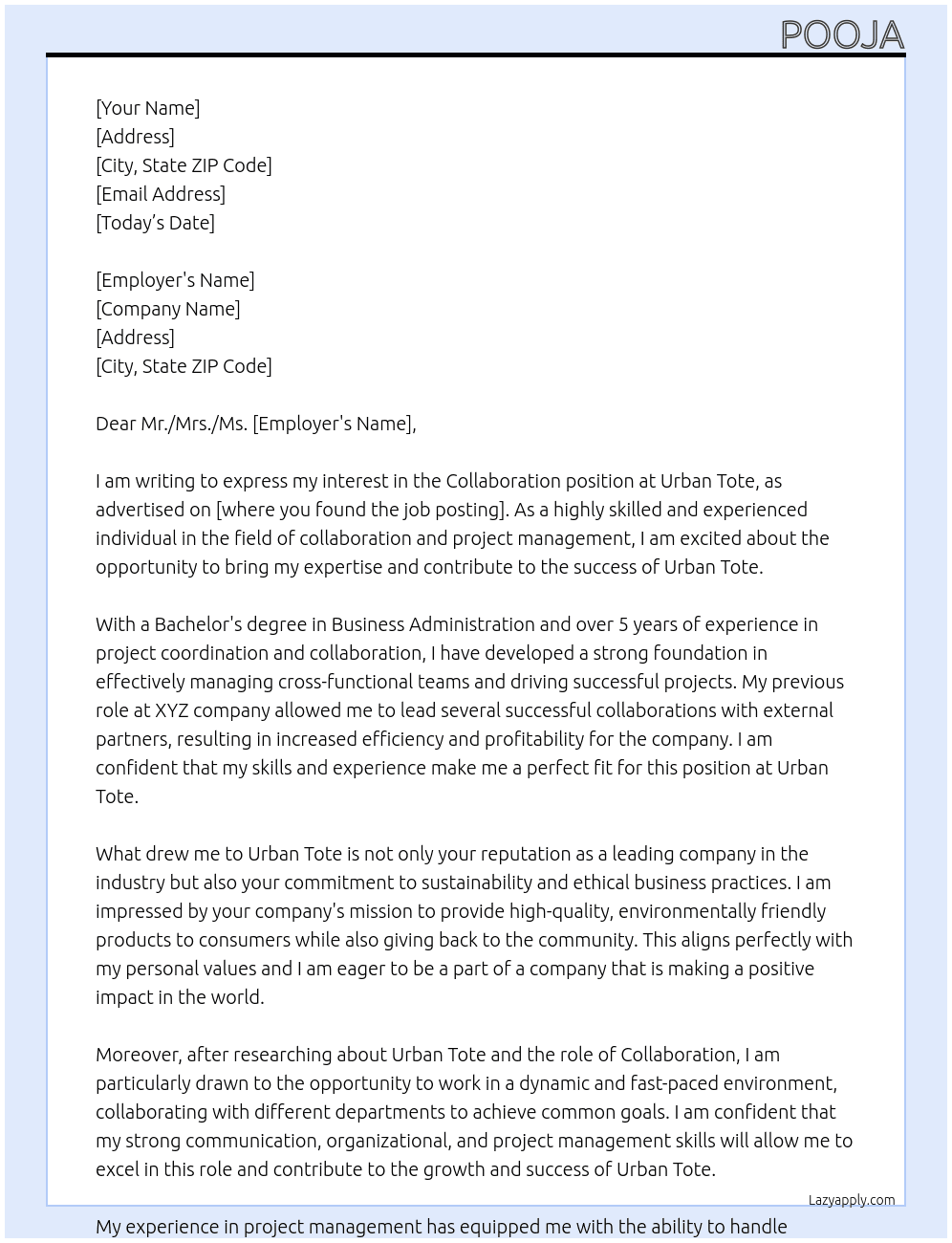 collabration At urban tote Cover Letter