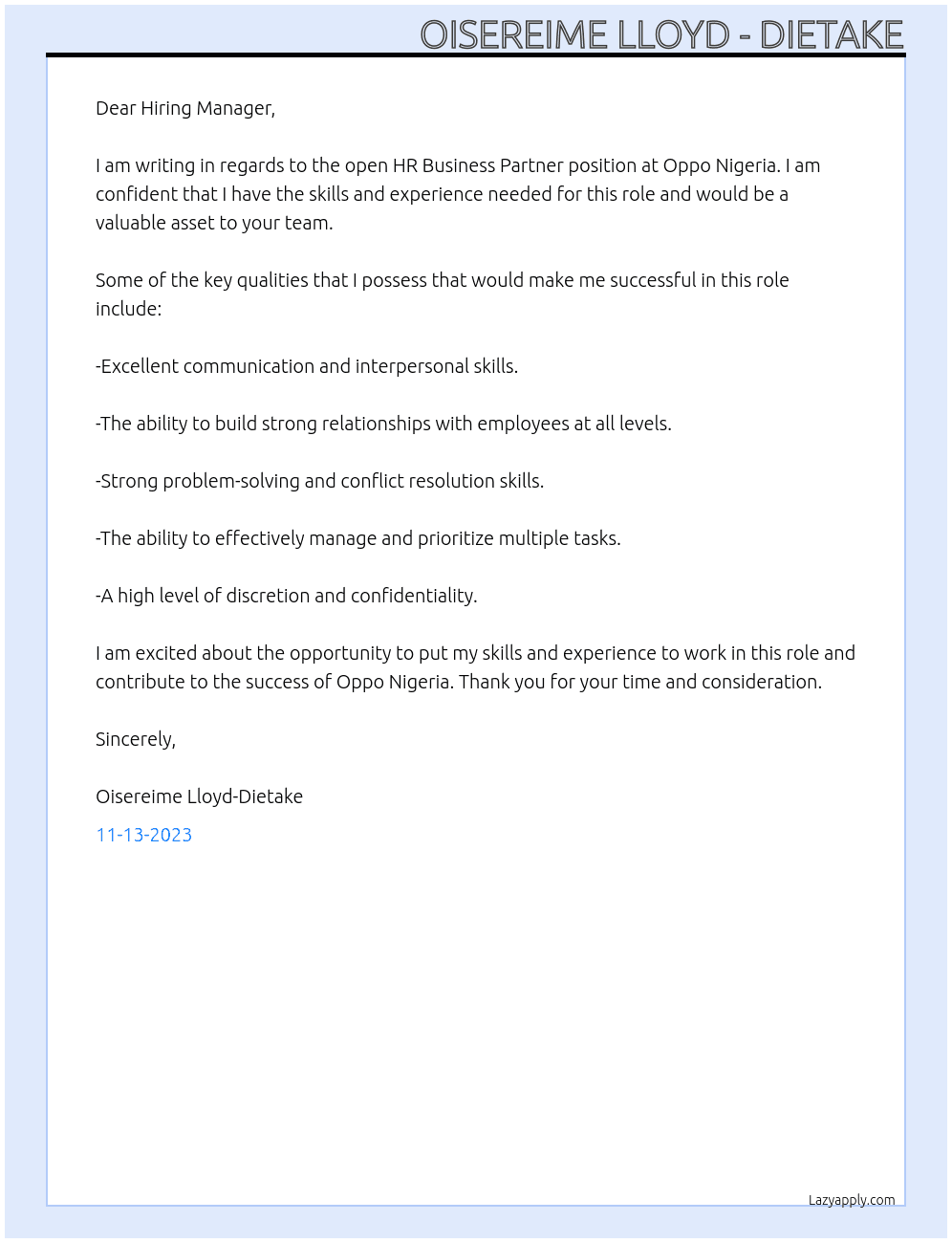 HR Business Partner At Oppo Nigeria Cover Letter