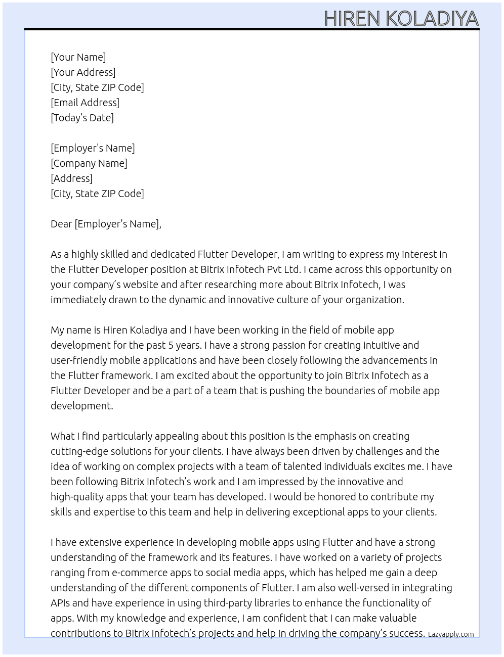 Flutter Developer At Bitrix Infotech Pvt Ltd Cover Letter