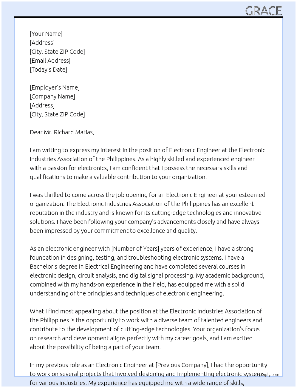 Electronic engineer At Electronic industies association of the philippines Cover Letter