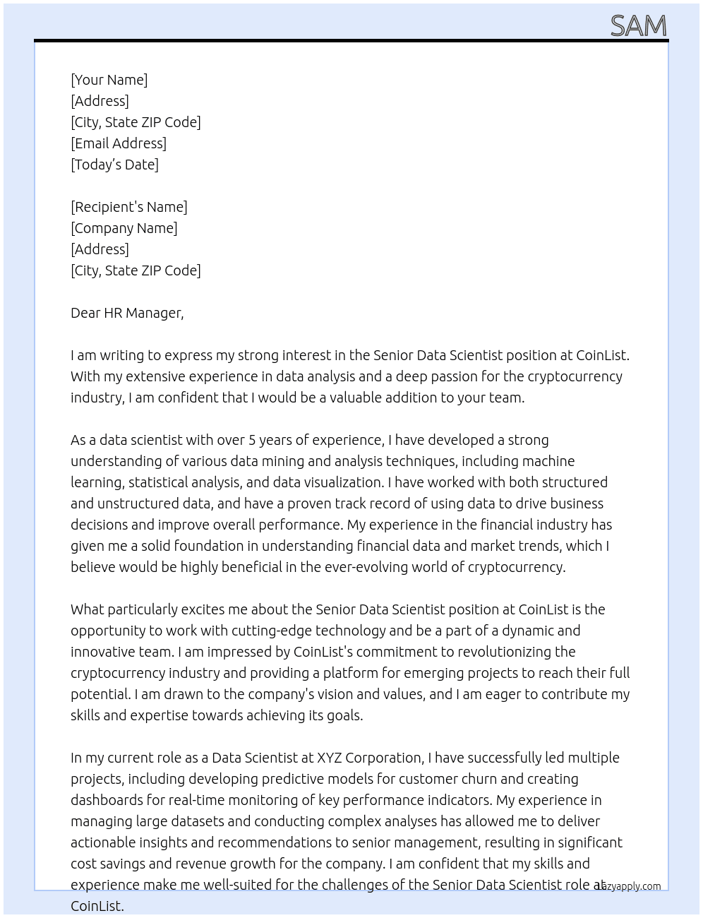senior data scientist At CoinLisst Cover Letter