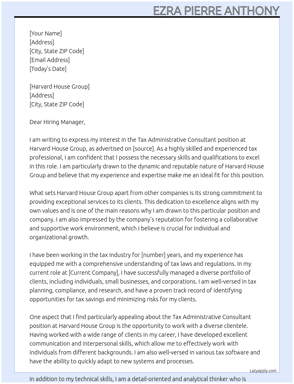 Tax Administrative Consultant At Harvard House Group Cover Letter