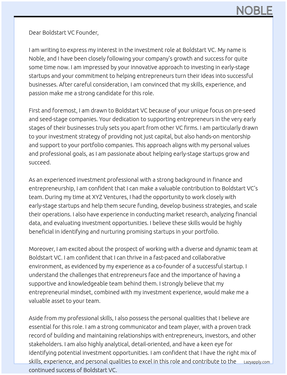 Founder At Boldstart VC Cover Letter